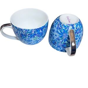 LILLY PULITZER Floral Lion Blue Gold Coffee Cup/Mug Set of 2